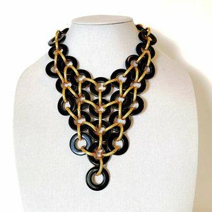 MOD LUCITE DISKS & CHAIN COLLAR Black Gold Tone MCM NECKLACE Loops Bib 1960s-70s